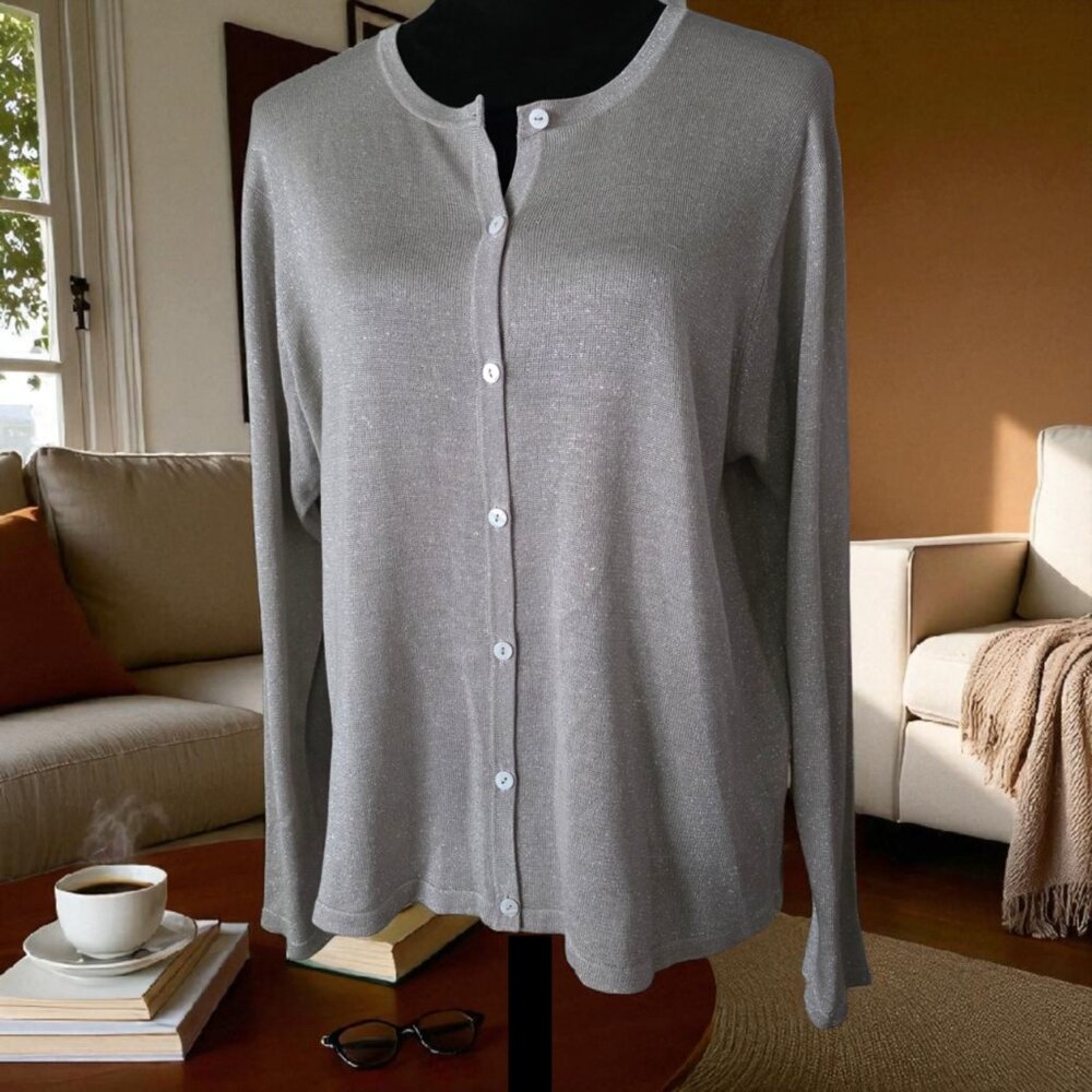 VINTAGE KEVO ( XL ) SILK Taupe Glittery/Shimmery Button Up Round Neck Cardigan